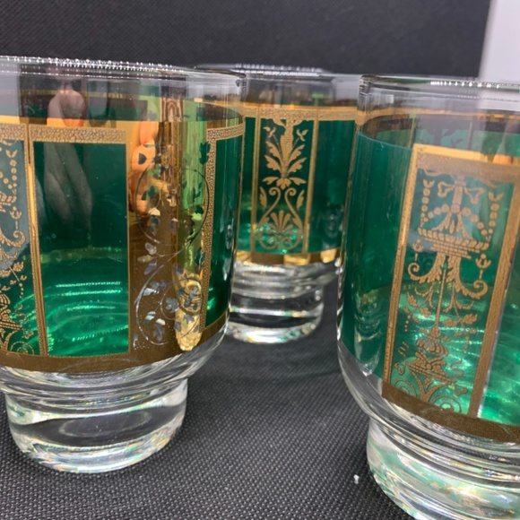 8 mid century low ball green and gold glasses with wooden glass caddy - Picture 11 of 13